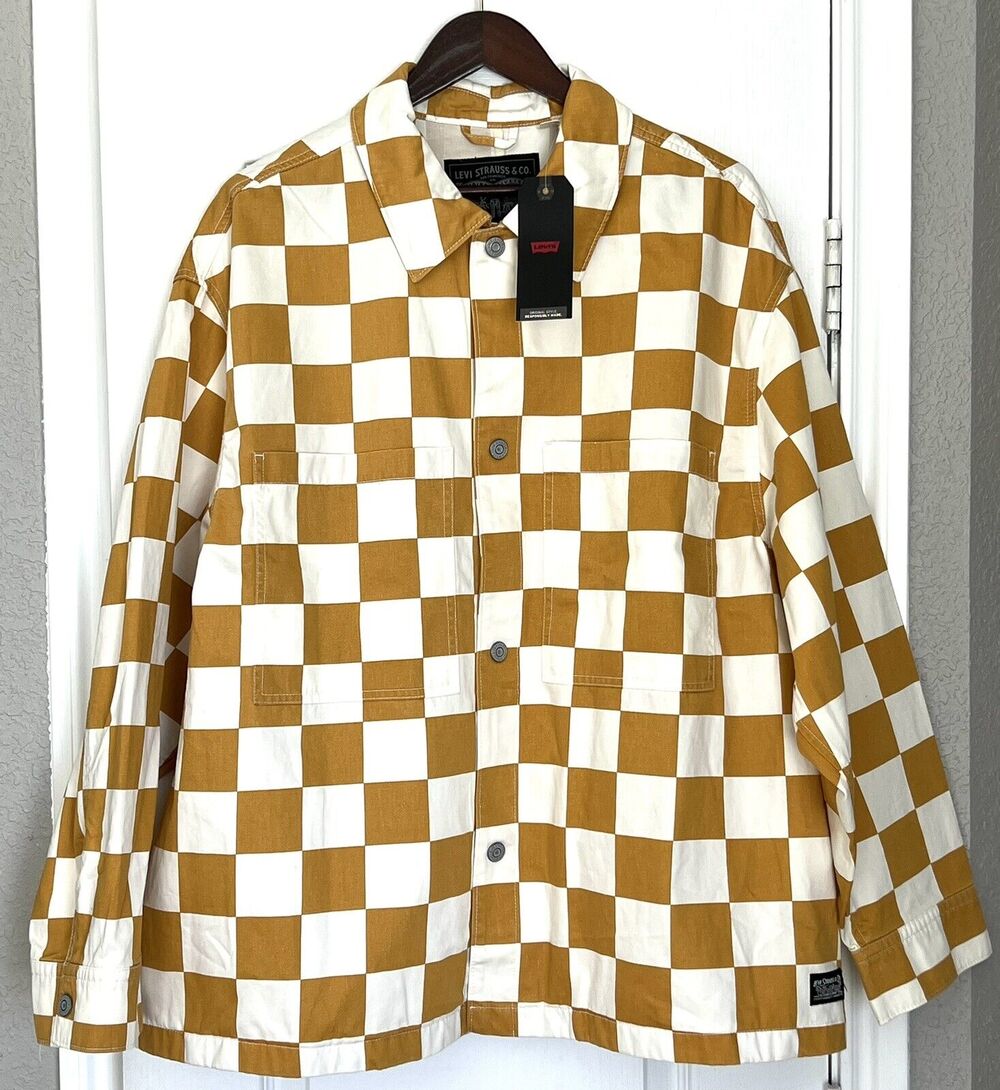 Levis Portola Utility Chore Oversized Jacket Sz L Checker Print Fez Check Egret
